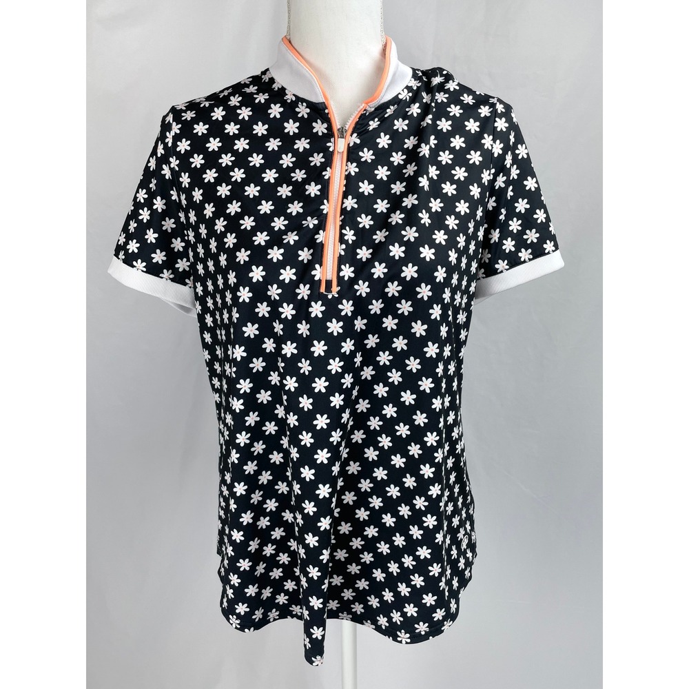 Jofit Women Large Black Daisy 1/4 Zip Shirt Short Sleeves Golf Polo Athletic